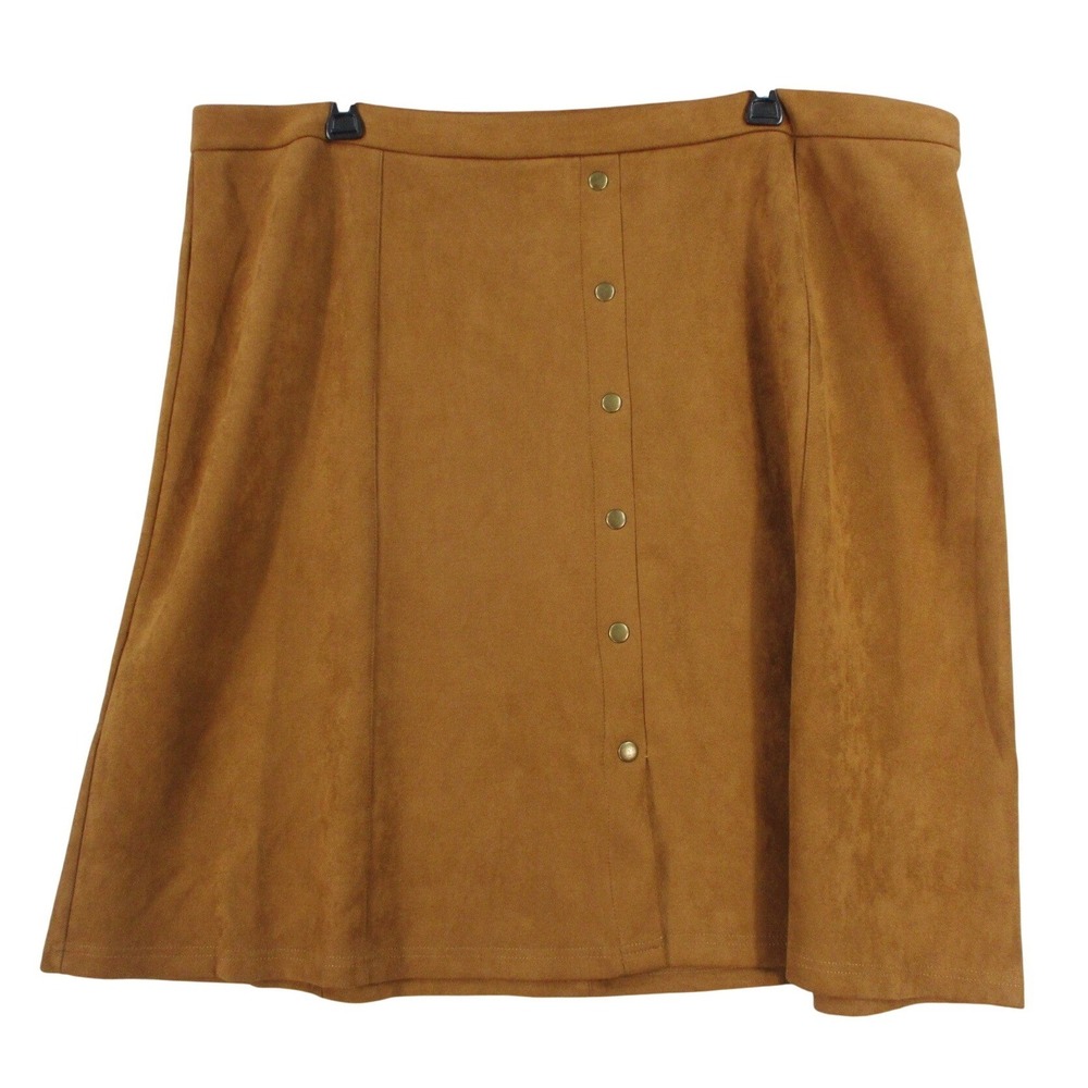 Retrology Faux Suede Button Front A-Line Skirt Cognac Brown Women Plus Size